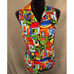 Toucan Dance Sleeveless Top Women SM Multi Excellent Tropical Palm Vest Button